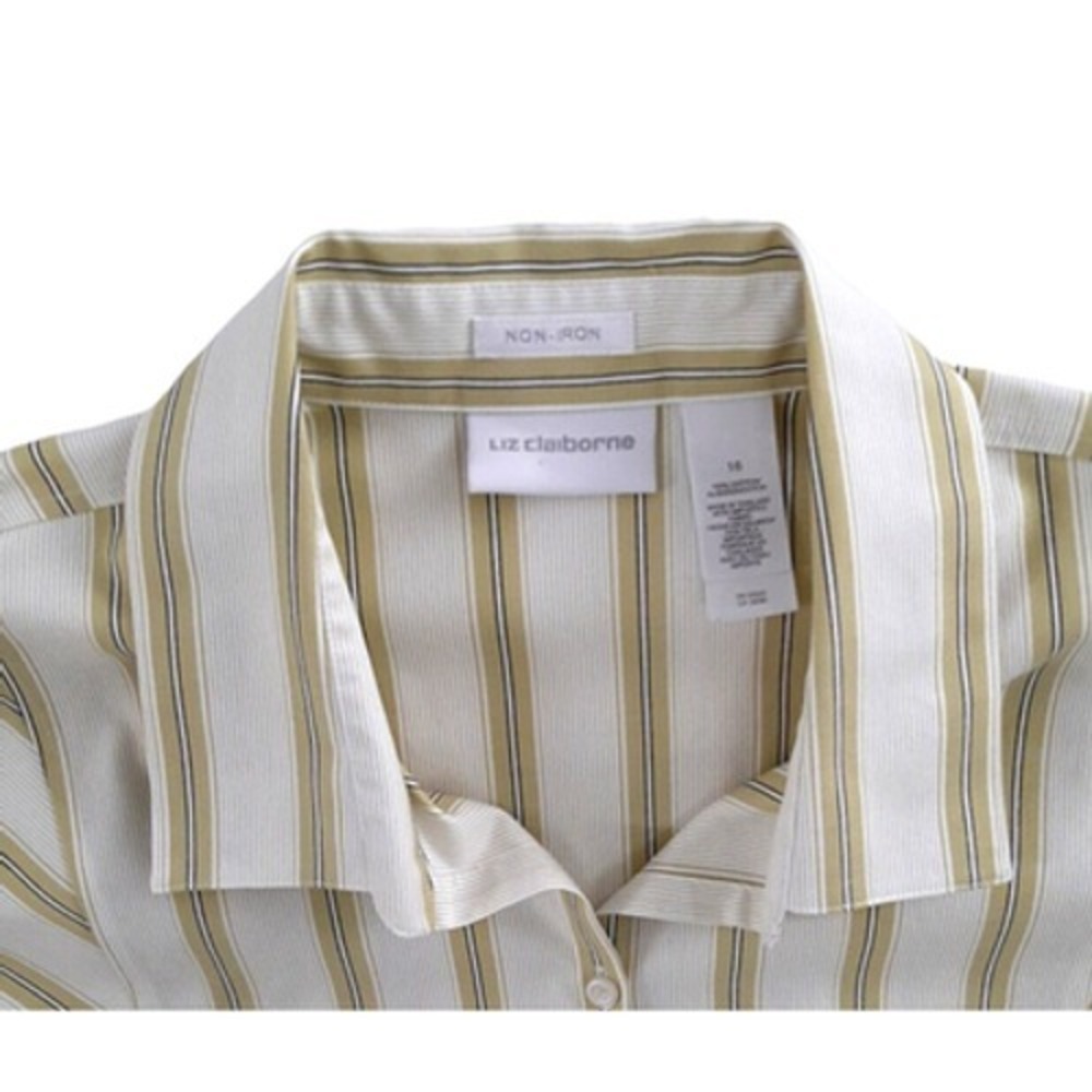 Liz Claiborne Non Iron Long Sleeve Button front Top Blouse Size 16 stripes lime